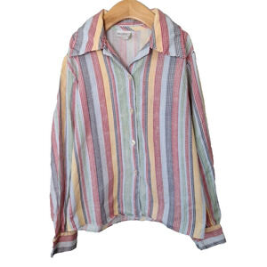 Vtg 70s 80s Primary Color Stripe Pointed Collar Button Up Shirt Size 8 Girls Top